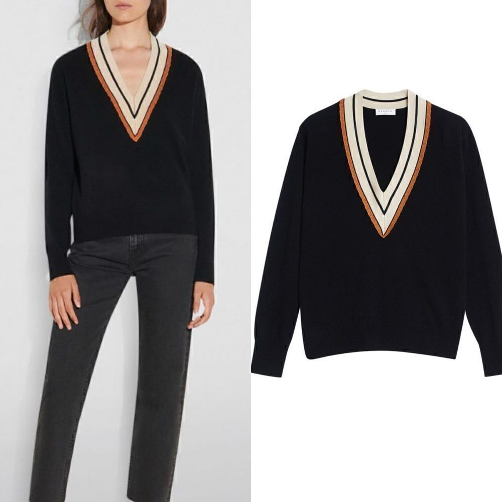 Sandro Colle Wool Cashmere Black Sweater V Neck Size 2
